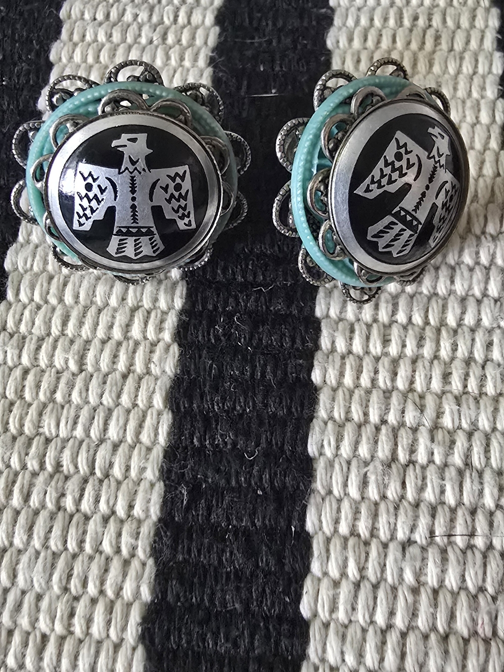 Silver Turquoise Bakelight and Black Thunderbird Vintage Clip-On Earrings